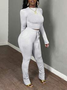 Slaydiva 2 szt. Damski, swobodny, podstawowy, obcisły strój z okrągłym dekoltem, składający się z krótkiego topu z długim rękawem i elastycznym paskiem ze sznurkiem oraz spodni o dopasowanym kroju, jesień/zima - Szary - Zobacz 5