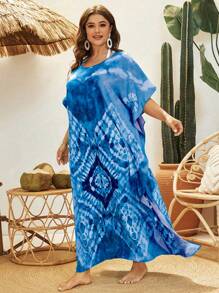 Swim Lushoire Plus Size Tie Dye Printed Round Neck Summer Beach Cover-Up Dress With Side Slits - Blue - View 4