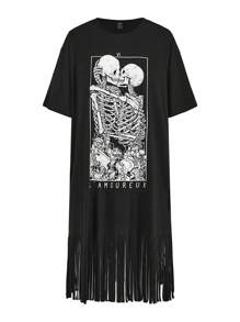 Y2Kool Deniart Artist Dark Casual Loose-Fit Fringe Hem Women's Dress With Printed Round Neck, Summer Dress, Holiday, Party, Vacation Concert Outfit, Birthday Outfits, Beach, Festival, Rave Outfits Festival, Ibiza Fits, Western Wear Going Out Autumn Y2K Clothes Stylish Clothing Collection New Year Outfits
