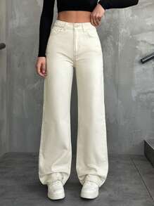 Cottnline Women's Solid Color High Waist Jeans - Beige - View 4