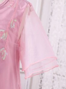 SHEIN Young Girl's  Style Pink Mesh & Sequin  Dress For Eid Al-Adha, Summer