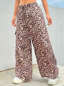 SHEIN EZwear White Drawstring Waist Striped Side Pocket Cargo Pants - Pink - View 5
