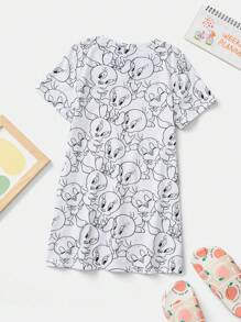 LOONEY TUNES X SHEIN 少女漫畫小黃鴨印花寬鬆舒適睡衣裙，夏季 - 白色 - 查看 2