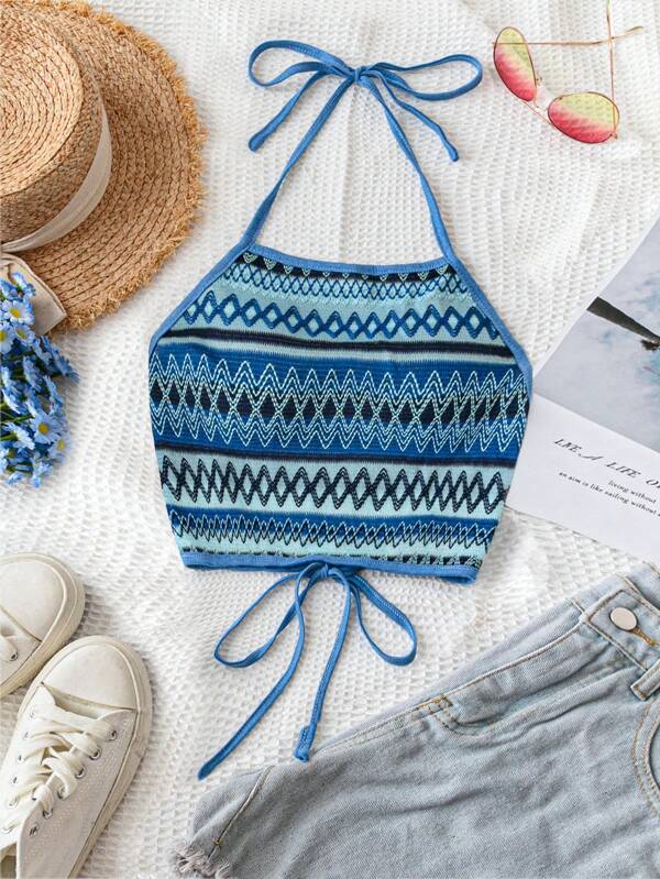 Soleia Top halter recortado con espalda abierta y diseño geométrico para mujeres en la primavera