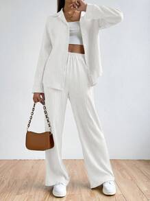 SHEIN EZwear Women's Plain And Simple Daily Wear Shirt And Long Pants Two-Piece Set - White - View 5