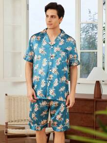 Conjunto de blusa de manga corta con botones delanteros y pantalón corto estampado floral para hombre, ropa de hogar de verano - Multicolor - Ver 6