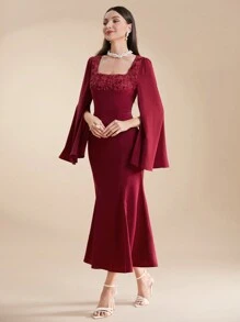 Modelyn Burgundy Red Women's Summer Solid Color Square Neck Flared Sleeve Pleated Party Matching Dress, Evening Party Dress Long Evening Dresses