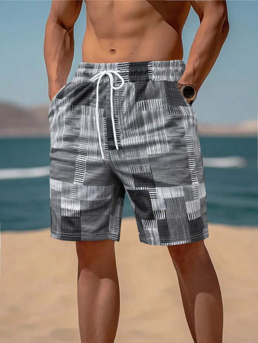 Manfinity RSRT 男士幾何印花束口腰休閒短褲，附帶口袋 - 灰色 - 查看 1