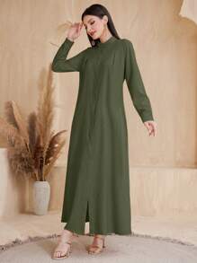 Mulvari 女式休閒長袖阿拉伯風格連衣裙，單排鈕扣設計