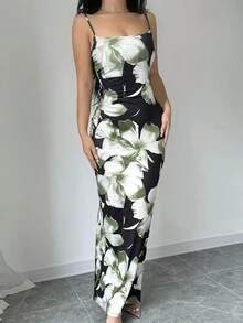 女士随机印花简约休闲夏季吊带裙 - 綠色 - 查看 5