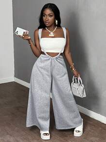 Slaydiva Pantalones largos grises casuales de pierna ancha con cordón - H