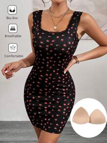 SHEIN Essnce Women's Allover Print Bra Free Summer Dress With Square Neckline, Wide Strap, Sleeveless And Elastic Waist Floral Swimsuit Cherry Dress Going Out - Multicolor - View 2