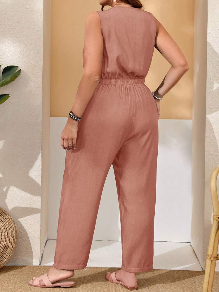 Plus Size Women'S Button Sleeveless  Side Pockets Jumpsuit For Spring