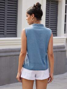 SHEIN Essnce Women's Denim Sleeveless Top With Cutout V-Neck For Summer - Medium Wash - View 2