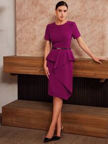 MOTF PREMIUM SOLID PEPLUM WAIST DRESS WITHOUT BELT - Purple - View 5