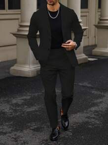 Manfinity Mode Men's Solid Color Buttoned Suit Jacket And Pocketed Dress Pants Business Suit Set - Black - View 5