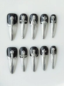ROMWE Goth 10 buah Kuku Palsu Buatan Tangan Berkualitas Tinggi Gaya Gotik dengan Desain Salib + 3 buah Perekat Dua Sisi, Seni Kuku Gaya Keren Manis Y2K, Dapat Dilepas dengan Stiker Kuku Salib Rhinestone yang Dilukis Tangan, Cocok untuk Festival, Pesta, Dansa, dan Pemakaian Sehari-hari - MultiWarna - View 1