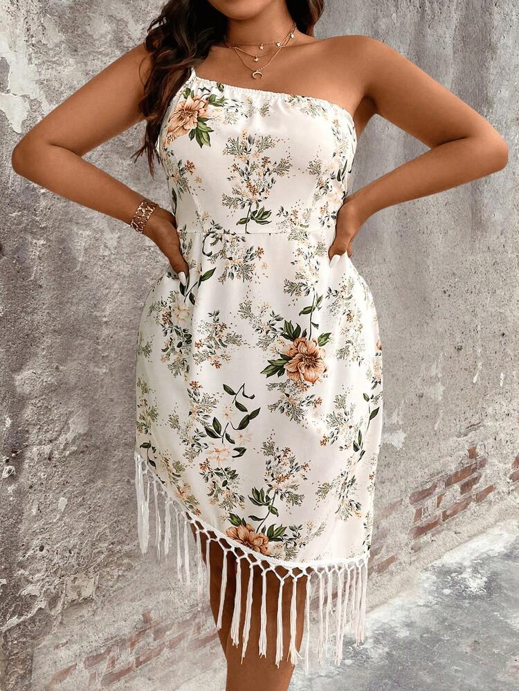 Plus Size Asymmetrical Neckline Floral Printed Sleeveless Dress With Tassel Decoration For Summer