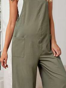 SHEIN Bộ đồ liền thân Bà bầu Thắt nút Túi màu trơn Giải trí - xanh quân đội - Xem 5