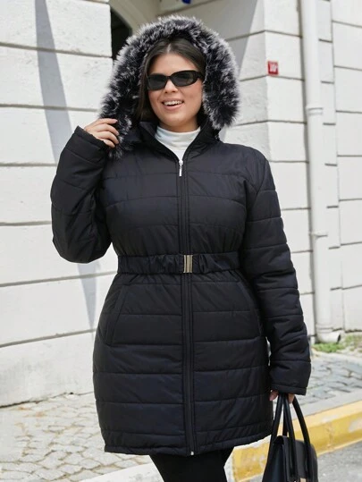 RueChic Plus Size Vinterkappa Sned Ficka Päls Huvtröja Elastiskt bälte med metallspänne