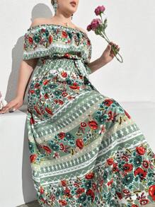 Mulvari 大码露肩复古印花系带度假连衣裙，夏季波西米亚风露肩沙滩长裙 - 彩色 - 查看 3