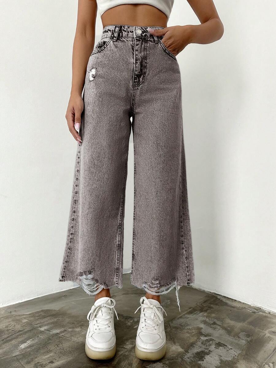 EURMUSE 100%Cotton Women Casual Ripped Wide Leg Jeans - Dark Grey - View 1