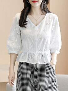 Summer Casual White Hollow Out Embroidered Lantern Sleeve Blouse