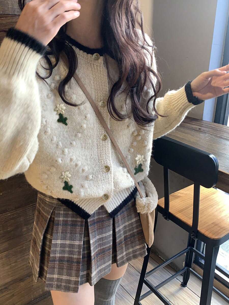 Women Simple Casual Single Breasted Contrast Trim Long Sleeve Cardigan,Long Sleeve Tops - Beige - View 1