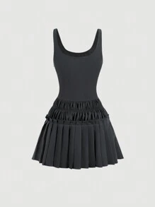 SHEIN MOD 女式復古灰色低腰褶皺迷你畢業裝，老錢級連衣裙，機場裝，工作裝 - 灰色 - 查看 2