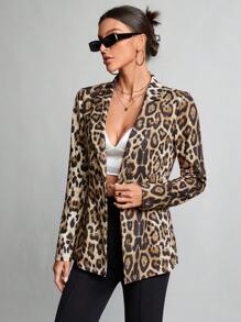 SHEIN Tall Autumn And Winter Leopard Print Lapel Single-Button Blazer Suitable For Going Out - Khaki - View 3