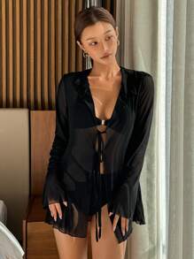 DAZY 女士系带透视休闲和服罩衫，适合度假夏季穿着 - 黑色 - 查看 4