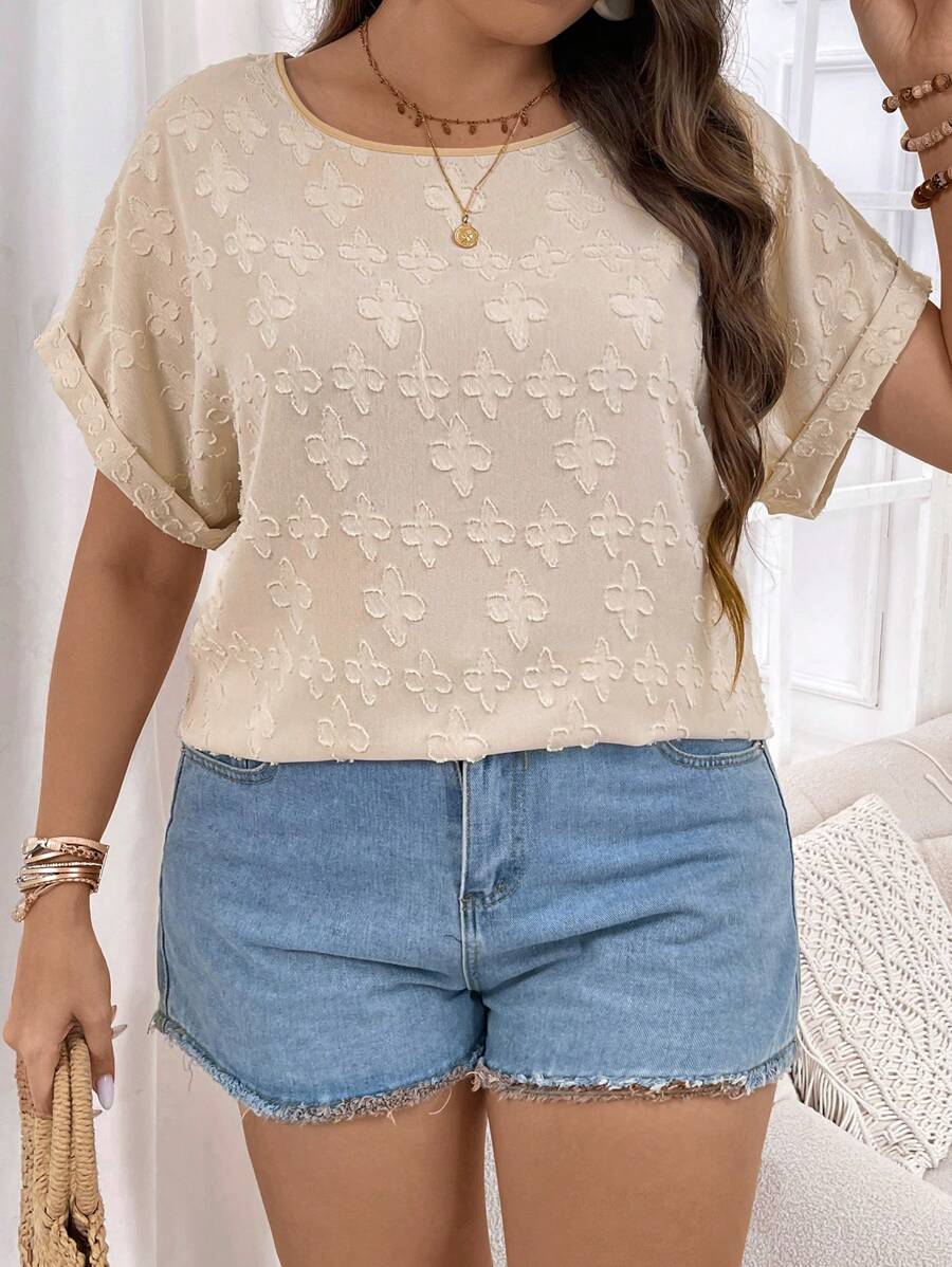 SHEIN LUNE Áo Sơ Mi Tay Ngắn Màu Trơn Đơn Giản Plus Size Cho Nữ - Màu be - Xem 1