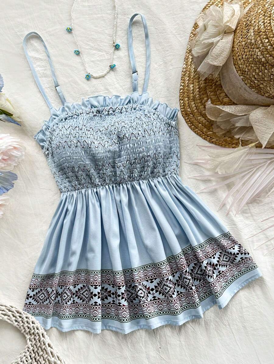 Soleia Women Geometric Print Camisole With Frill Trim And Ruffled Hem - Blue - View 1