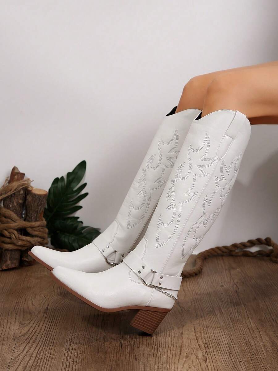 Kendall Jenner風格刺繡靴，2024歐美新款女士復古膝高牛仔靴，厚跟 - 白色 - 查看 1