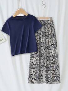 Tween Girl Simple Långbyxor Kortärmad Casual Homewear Set - Marinblå - Visa 1