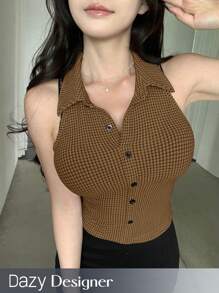 Dazy Designer Camisa sin mangas de unicolor con botones delanteros para verano, tops para salir