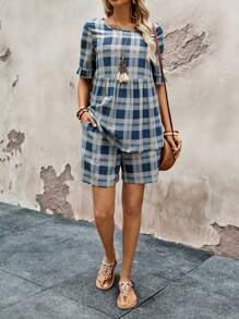 SHEIN LUNE Summer Rural Women's Peter Pan Collar Checkered Top 2pcs Set - Multicolor - View 3