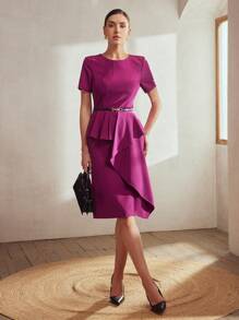 MOTF PREMIUM SOLID PEPLUM WAIST DRESS WITHOUT BELT - Purple - View 6
