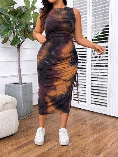 Hourglow 夏季女式大码扎染针织无袖紧身连衣裙