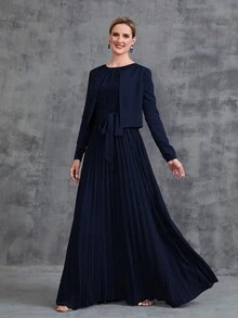 Women's Sleeveless Pleat Hem Chiffon Party Dress&Long  Sleeve Chiffon Cardigan