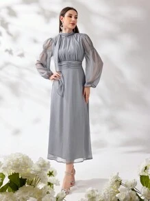 Modelyn 女士純色燈籠袖褶皺優雅阿拉伯風格裙 - 灰色 - 查看 8