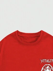 ROMWE MEN Goth Bộ 2 chiếc áo thun ngắn tay và quần đùi in hình anime Nhật Bản dành cho nam, thích hợp để mặc hàng ngày vào mùa xuân/hè - Đỏ - Xem 6