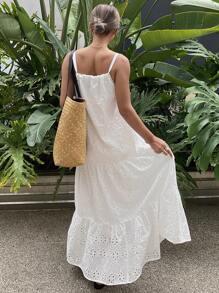 DAZY 女式夏季镂空刺绣荷叶边下摆连衣裙，度假吊带背心裙，邮轮女装太阳裙，返校服