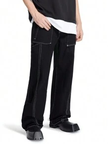 Manfinity Hypemode Men's Loose Straight-Leg Jeans With Contrast Stitching And 3D Cut, Black - Black - View 6