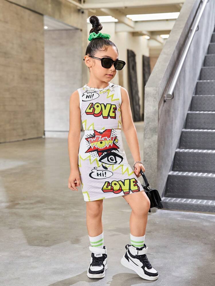 Girls' Knitted Printed Skirt Set, & Cool, 2pcs/Set