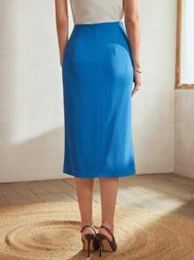 MOTF Classy SOLID BUTTON RUCHED WRAP RUFFLE HEM SKIRT - Blue - View 6