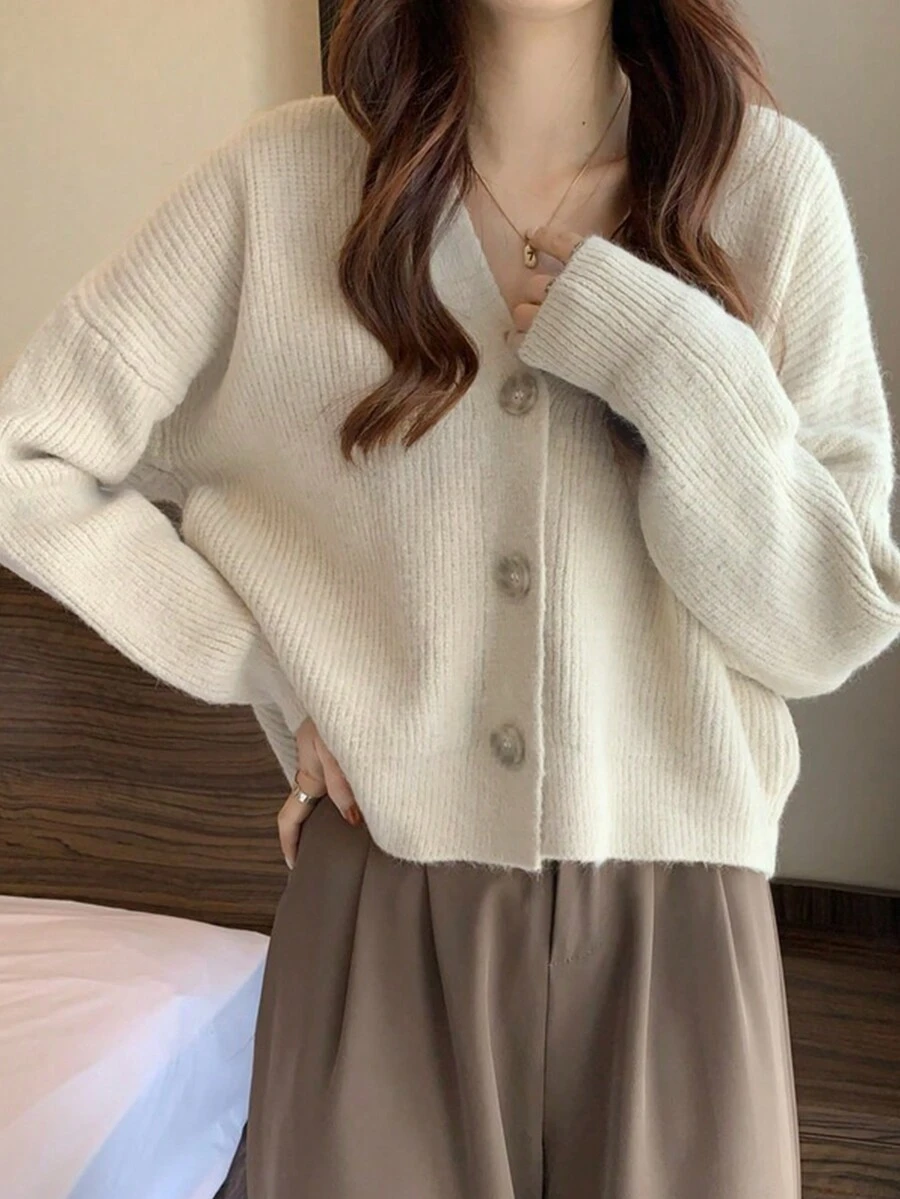 Classic Minimalist V-Neck Single-Breasted Drop Shoulder Long-Sleeved Cardigan, Versatile,Long Sleeve Tops - Beige - View 1