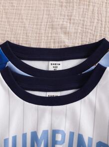 SHEIN Ensemble pyjama 4 pièces pour garçon, ajusté et confortable - Ensemble de haut imprimé lettre à manches courtes et pantalon à col bloc de couleur, ensemble de haut imprimé à manches longues et pantalon avec motif de raquette de tennis - Bleu azur - Voir 3