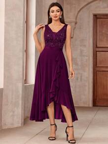 MIUSOL Đầm maxi dự tiệc trang trọng bằng chiffon, cổ chữ V sâu, đính ren và sequin, vạt trước ngắn vạt sau xếp ly, thích hợp cho khách dự đám cưới, lễ tốt nghiệp, dạ hội. - Màu Tím - Xem 4