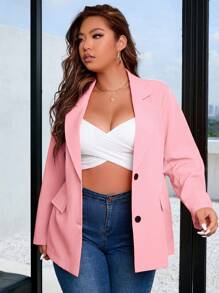 Calvaya Plus Size Women's Solid Color Lapel Long Sleeve Everyday Commute Blazer Jacket For Spring And Autumn Fall Cloth For Women - Pink - View 3